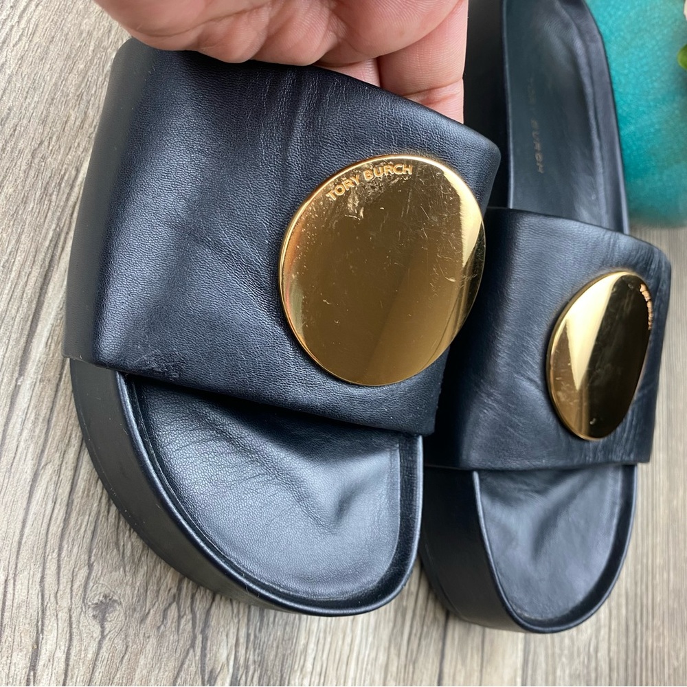 Tory Burch Black Leather Slide Sandals with Gold Medallions - Picture 3 of 12